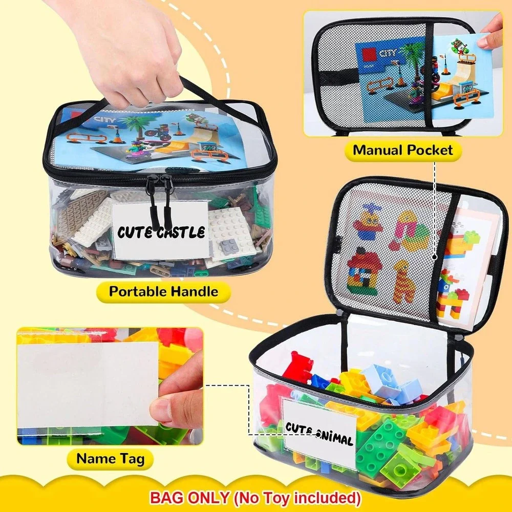 Tesuko Clear PVC Toy‎ Storage Bags Organizer Handles Name Tag Mesh Pocket 6 Pk